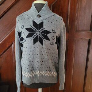 Weatherproof Sweater Fair Isle Vintage Med Shawl Collar Large Gray Navy Career